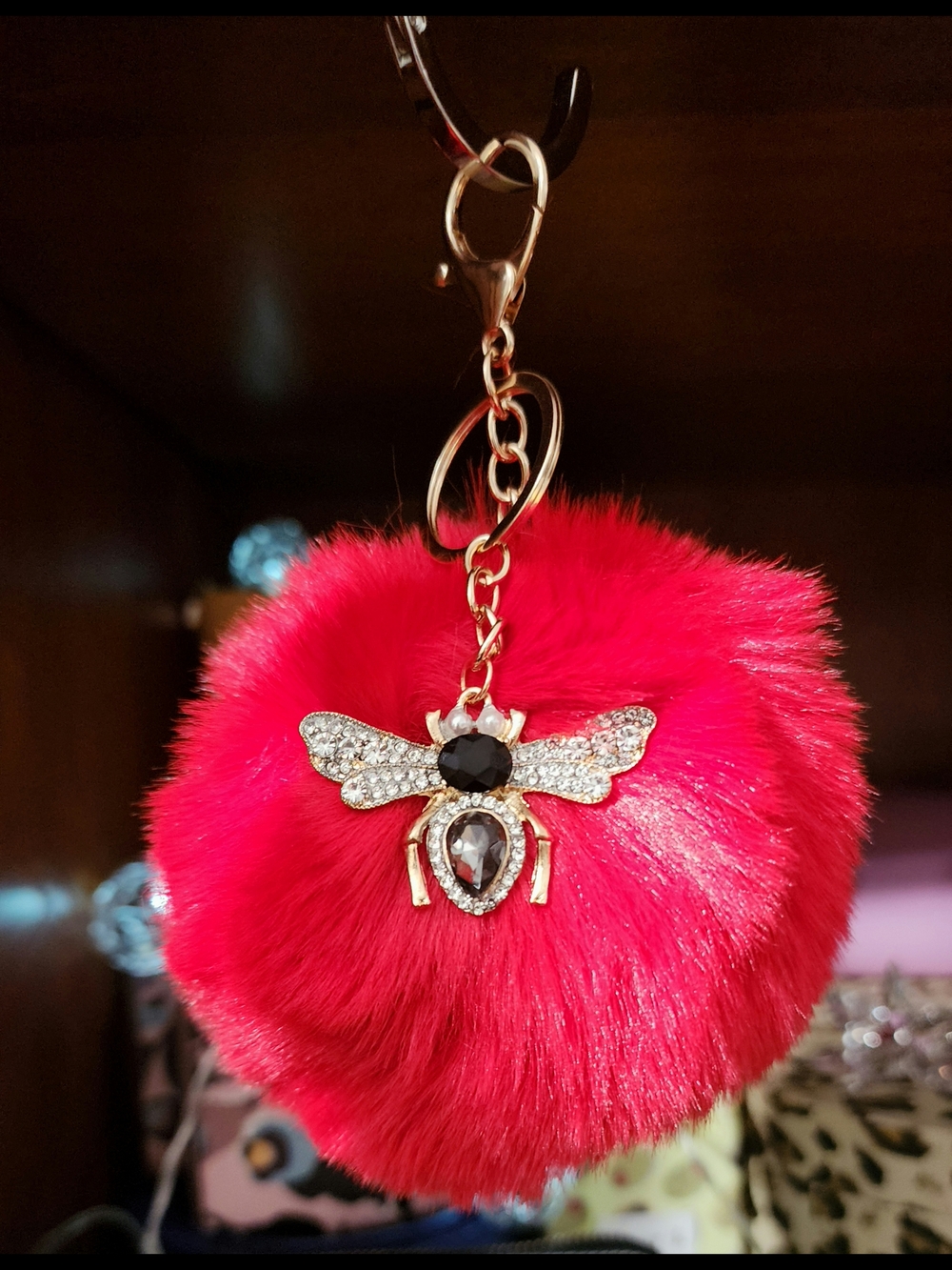 Red Fur Pom Pom Keychain with Crystal Bee Charm NWT